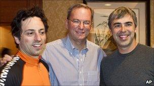 From left to right: Sergey Brin, Eric Schmidt and Larry Page