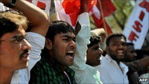 A protest against the California-based Tri-Valley University near the US Consulate in Hyderabad on 28 January 2011