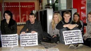 Welsh language protesters at BBC Wales