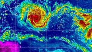 Satellite image shows Cyclone Yasi passing the Solomon Islands and Vanuatu on 31 Jan 2011