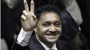 Francisco Oliveira Silva smiles as he attends the inauguration ceremony in Brasilia