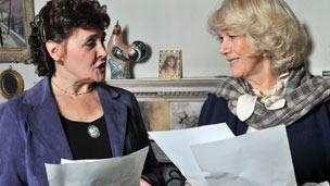 The Duchess of Cornwall (r) with Archers cast member Sara Coward