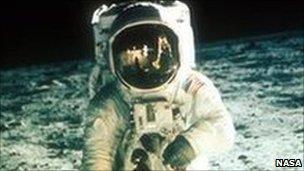 Buzz Aldrin walking on the moon