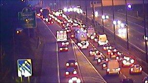 Traffic building up on the M4 near Magor