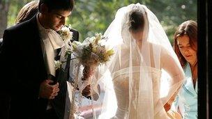 Bride and groom at church wedding