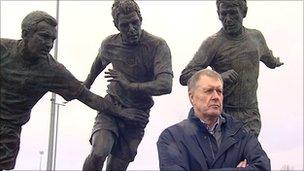 Sir Geoff Hurst visits his statue in Ashton-under-Lyne