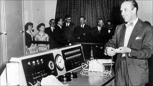 Ernie choosing Premium Bond winners in 1957