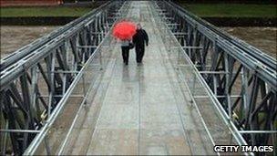 Workington residents crossing the new bridge