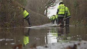 Fire crew at flooding incident in Powys (library)