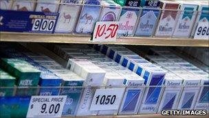 Cigarettes on a store rack