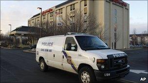 Philadelphia Police Department Crime Scene Unit vehicle pulls away from a Hampton Inn in Philadelphia, 8 Feb 2011