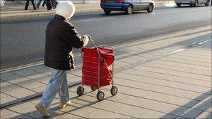 Elderly woman with shopping trolley bag