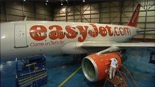 Man applying new coating to Easyjet plane