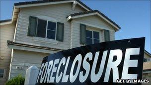 A foreclosure sign outside a home in Stockton, California