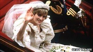 Princess Diana in coach returning from wedding ceremony