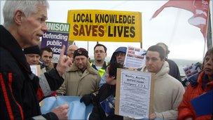 Sir Alan Massey speaking to protesters