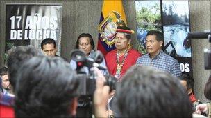 Members of Ecuador's Amazon communities meet in Quito to discuss the Chevron verdict on Tuesday