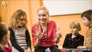 Foreign language teacher and pupils