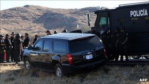 Mexican Police guarding the vehicle that came under attack on Tuesday