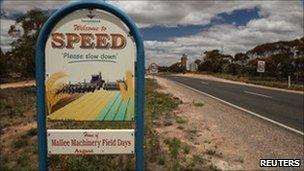 A welcome sign to the town of Speed, 400 km (250 miles) northwest of Melbourne