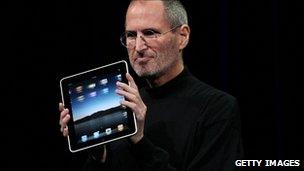 Steve Jobs holding an iPad