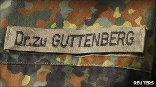 Label on German Defence Minister Karl-Theodor zu Guttenberg's military fatigues