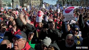 Protesters gather in the Wisconsin state capitol building