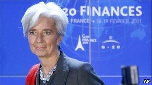 France's Finance Minister Christine Lagarde answers reporters questions during the press conference ending the G20 Finance summit at Bercy Finance Ministry in Paris, Saturday, Feb. 19, 2011