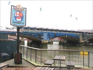 Blackfriars station under construction, see from the Founder's Arms pub on the south bank