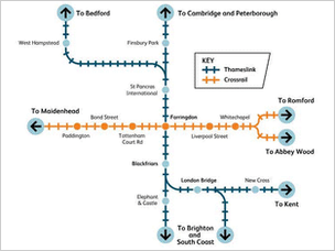 Map of the eventual intersecting Thameslink and Crossrail routes