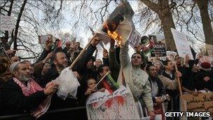 Demonstrators opposed to the regime of Libyan leader Col Muammar Gaddafi in Hyde Park on 17 February