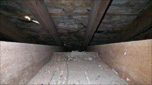 The current damage to the roof at St Lawrence's Church, Folke