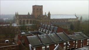 View of St Albans Abbey from the top of the Clock Tower