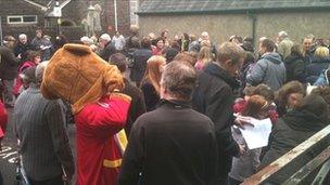 Demonstrators outside the BBC Wales' office in Carmarthen