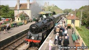 Corfe Castle railway station on Swanage Railway. Copyright of Andrew P M Wright.