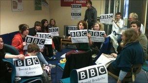 protesters in the BBC's Carmarthen newsroom