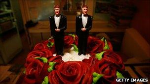 A wedding cake at a same-sex wedding ceremony.