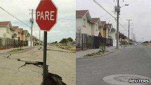 View of a damaged street in Talcahuano town, some 532 km (329 miles) south of Santiago (left); same location on 22 February 2011 (right)