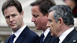 Nick Clegg, David Cameron and Gordon Brown