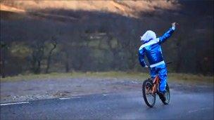 Stunt rider Danny MacAskill as Sir Jimmy Savile. Pic: Outdoor Capital of UK