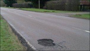 Pothole in Cambridgeshire. Sent in by cyclist Paul Rixen who hit it.