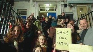 Protesters on the steps of Levenshulme Baths