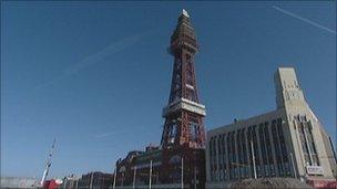 Blackpool Tower and promenade during construction work