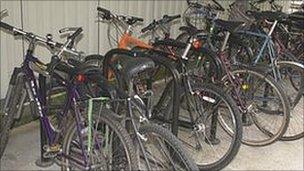 Cycles parked in a shed