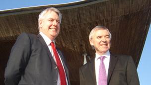 Carwyn Jones and Ieuan Evans outside the Senedd