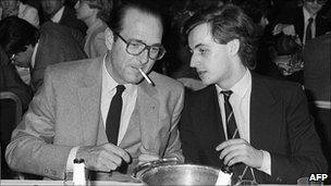 Jacques Chirac (L) then Paris mayor and RPR president with RPR member in charge of Youth, Nicolas Sarkozy, 26 (Mar 1981)