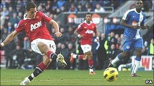 Hernandez of Manchester United in action against Wigan