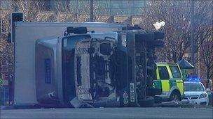 The overturned lorry