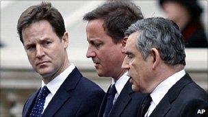 Nick Clegg, David Cameron and Gordon Brown at the time of coalition negotiations