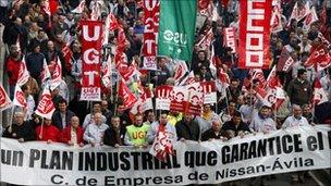 Workers protest at the possible closure of the Nissan factory in Avila, Spain